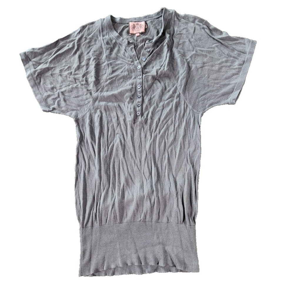 Juicy Couture Grey Short Sleeve Henley Knit Top Ribbed Hem Small